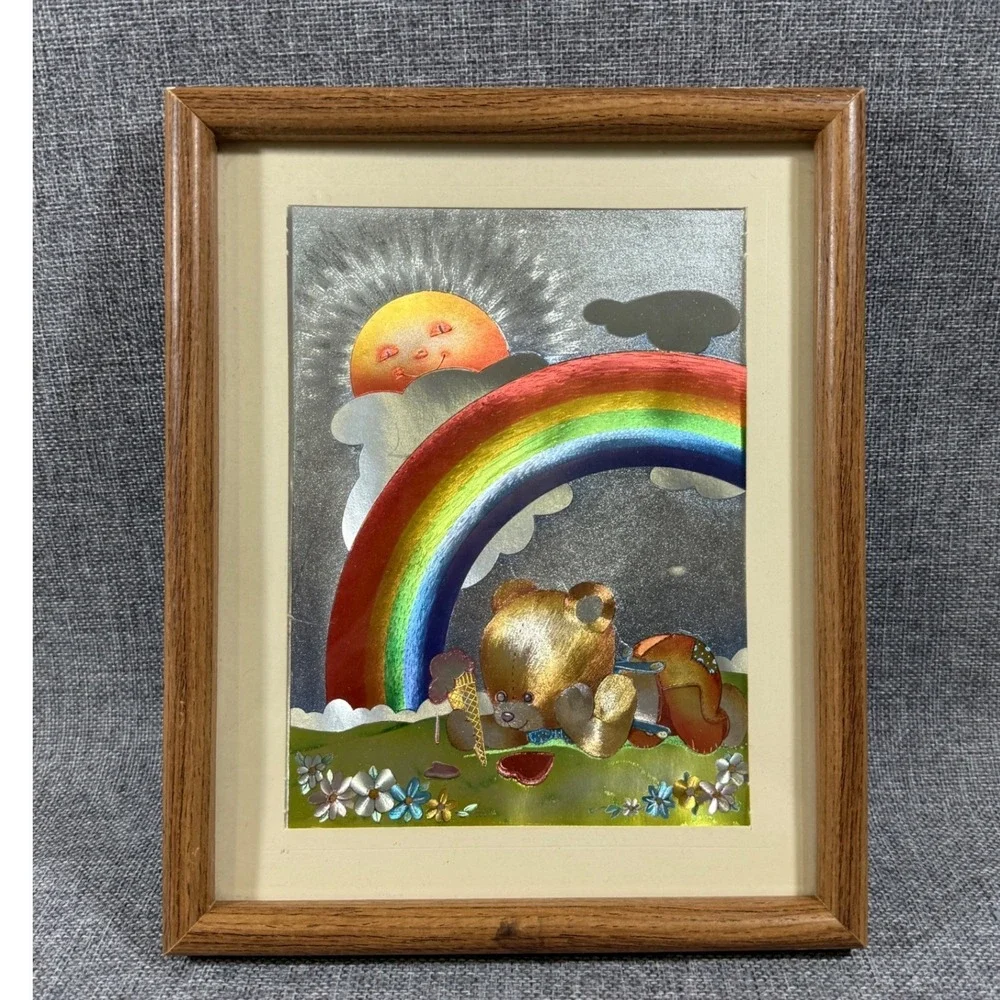 VTG DUFEX FOIL Art Framed Picture Teddy Bear Rainbow Sun Nursery Kid Decor 8x10